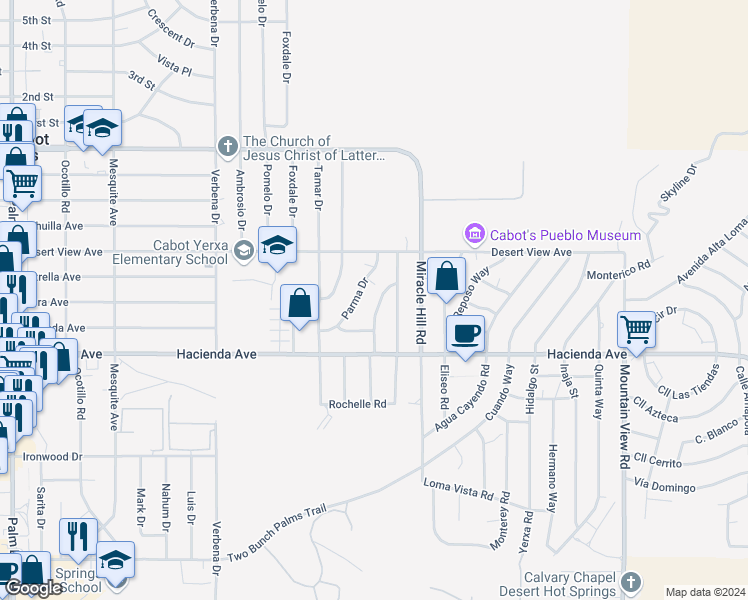 map of restaurants, bars, coffee shops, grocery stores, and more near 12761 Casa Loma Road in Desert Hot Springs
