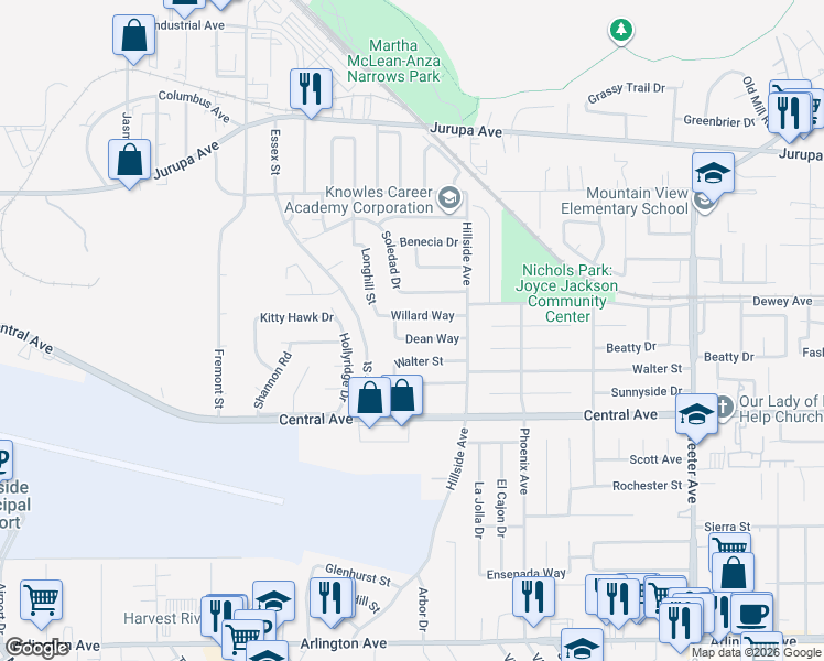 map of restaurants, bars, coffee shops, grocery stores, and more near 5770 Dean Way in Riverside