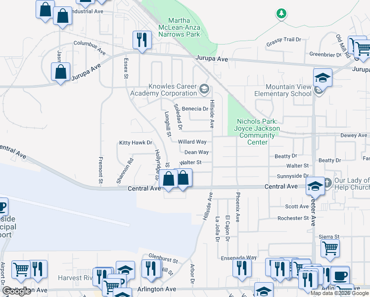 map of restaurants, bars, coffee shops, grocery stores, and more near 5818 Dean Way in Riverside