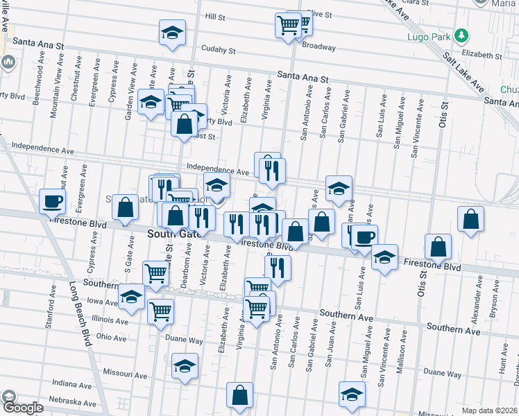 map of restaurants, bars, coffee shops, grocery stores, and more near 8661 California Avenue in South Gate