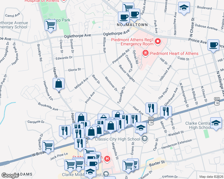 map of restaurants, bars, coffee shops, grocery stores, and more near 120 Best Drive in Athens