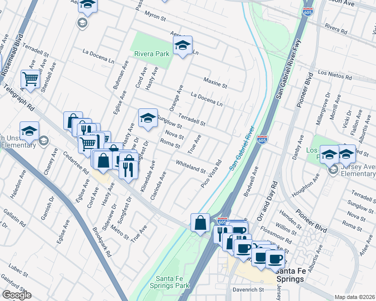 map of restaurants, bars, coffee shops, grocery stores, and more near 8551 True Avenue in Pico Rivera