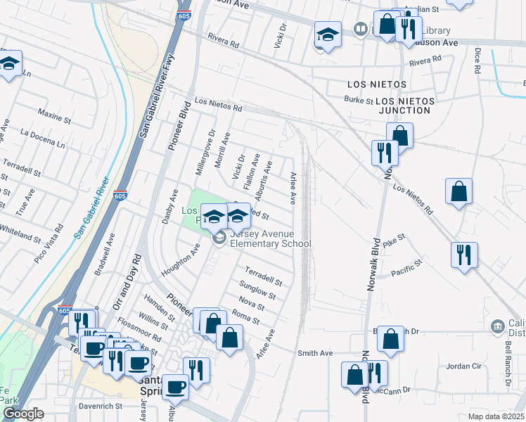 map of restaurants, bars, coffee shops, grocery stores, and more near 11313 Broaded Street in Santa Fe Springs