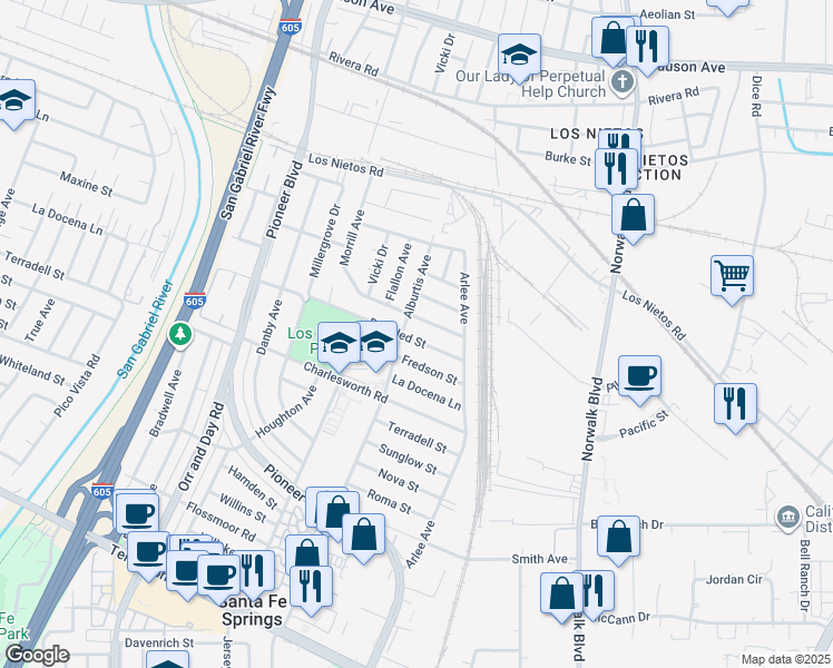 map of restaurants, bars, coffee shops, grocery stores, and more near 11313 Broaded Street in Santa Fe Springs