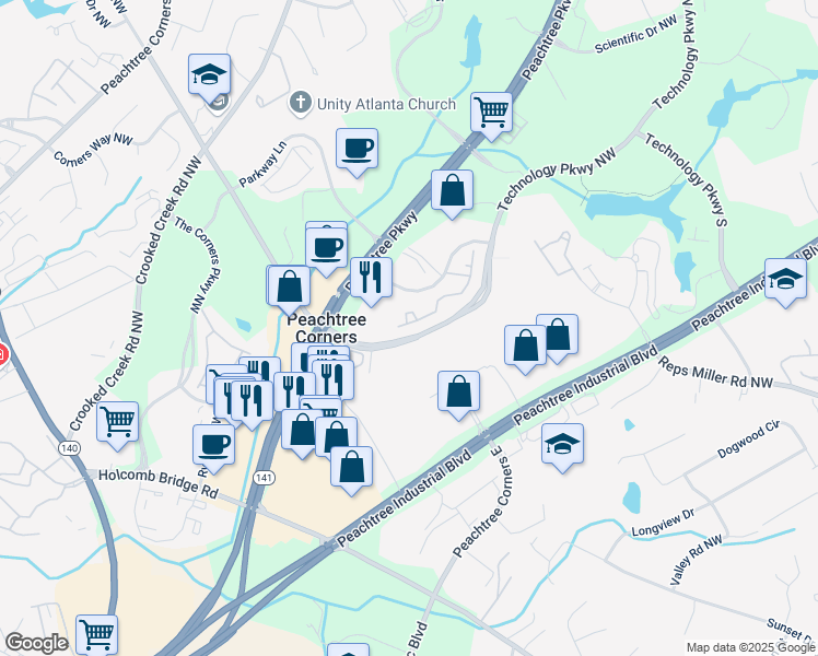 map of restaurants, bars, coffee shops, grocery stores, and more near 5934 Norfolk Chase Road in Norcross