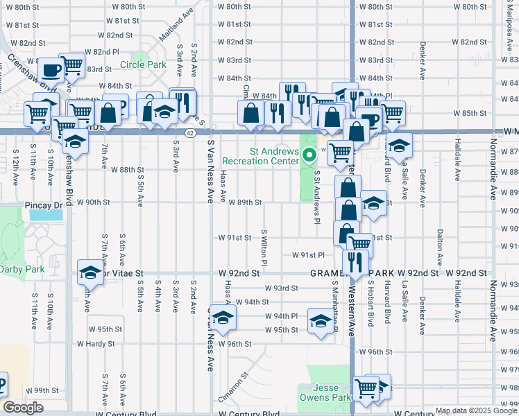 map of restaurants, bars, coffee shops, grocery stores, and more near 8905 South Wilton Place in Los Angeles