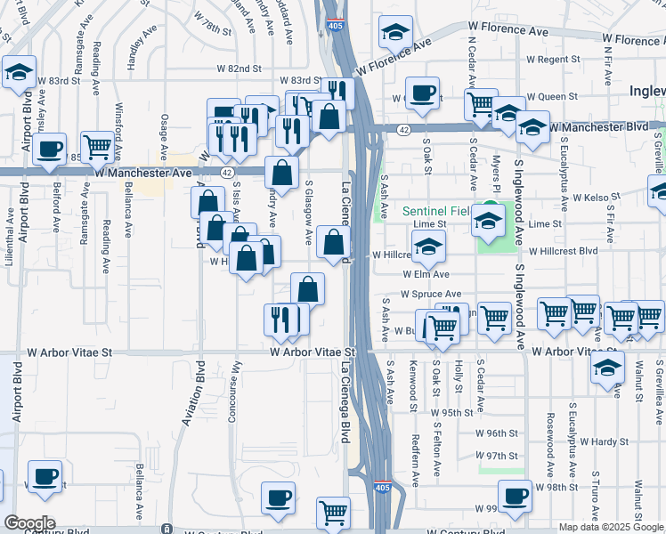 map of restaurants, bars, coffee shops, grocery stores, and more near 618 South Glasgow Avenue in Inglewood