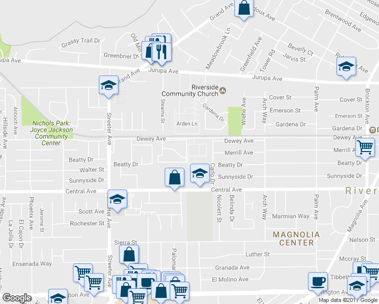 map of restaurants, bars, coffee shops, grocery stores, and more near 6342 Topeka Terrace in Riverside