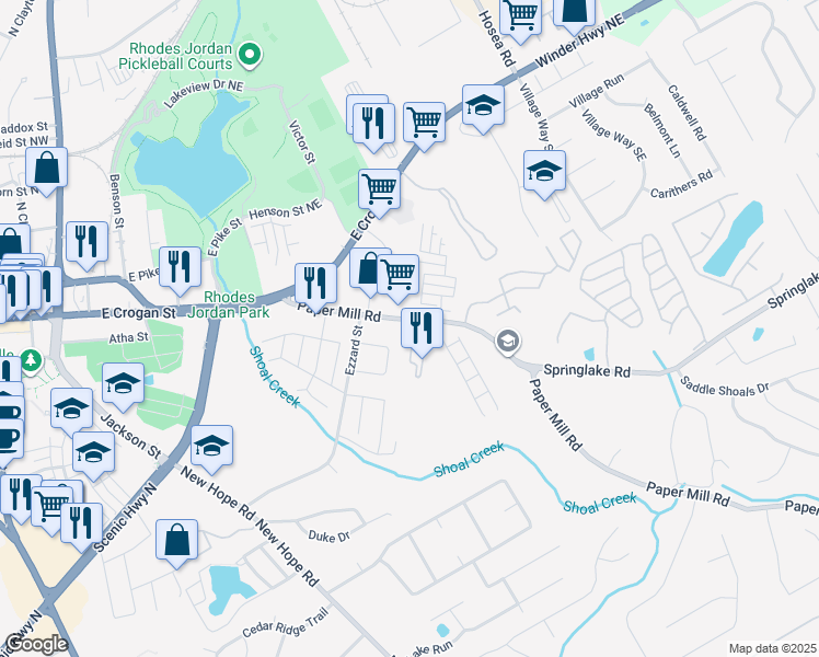 map of restaurants, bars, coffee shops, grocery stores, and more near 215 Paper Mill Road in Lawrenceville