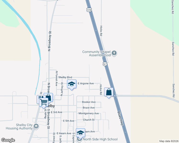 map of restaurants, bars, coffee shops, grocery stores, and more near 501 North Dianne Street in Shelby