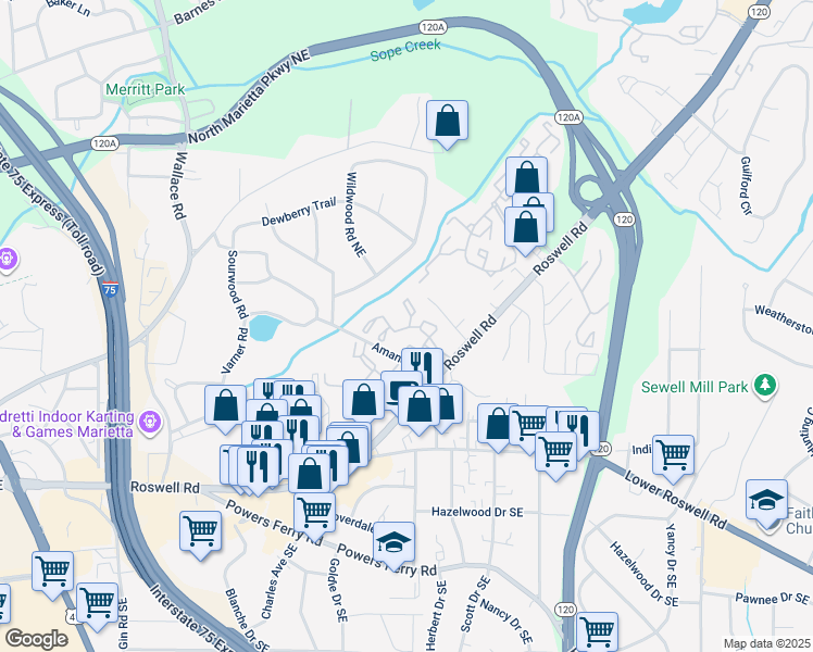 map of restaurants, bars, coffee shops, grocery stores, and more near 1675 Roswell Road in Marietta
