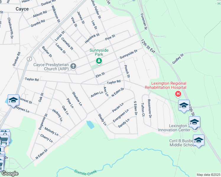 map of restaurants, bars, coffee shops, grocery stores, and more near 103 Ann Lane in Cayce