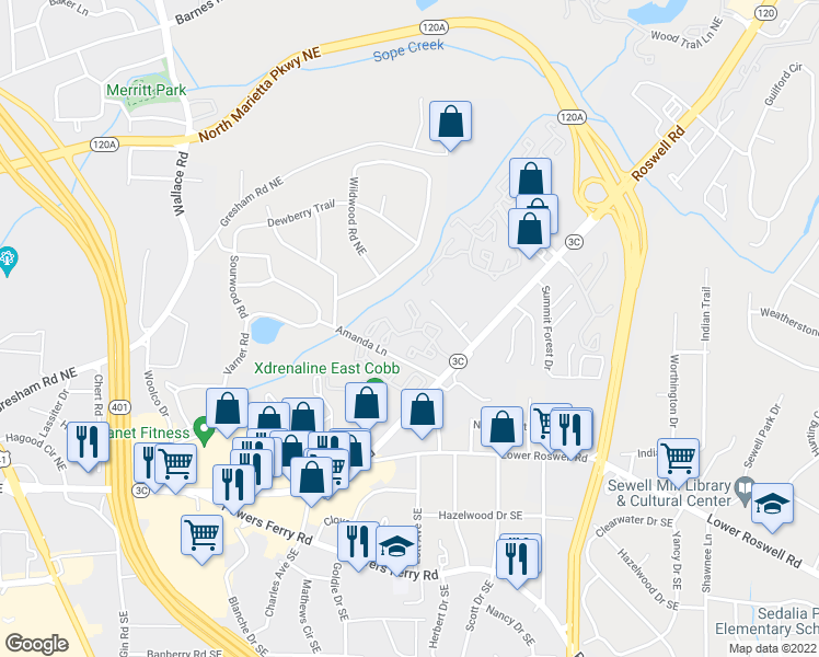 map of restaurants, bars, coffee shops, grocery stores, and more near 1675 Roswell Road in Marietta