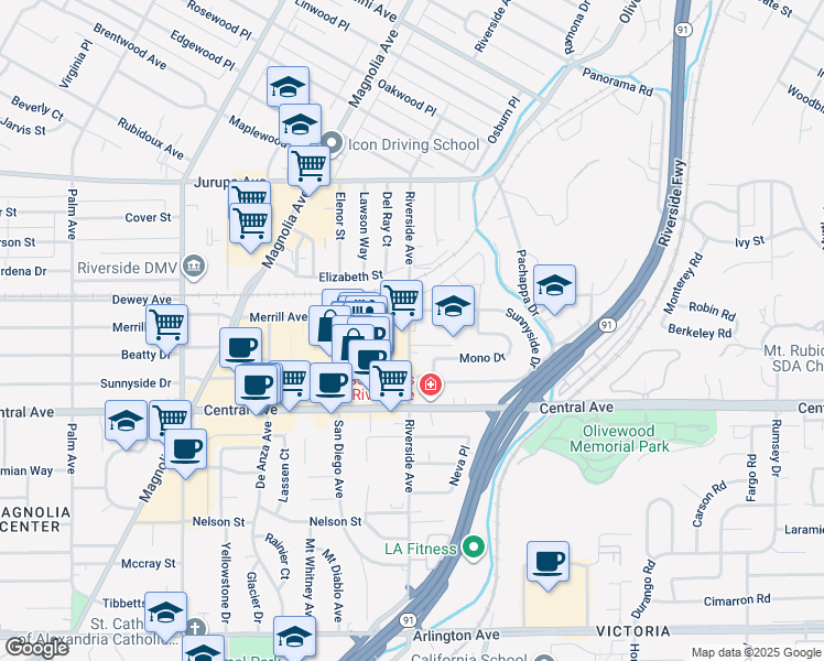 map of restaurants, bars, coffee shops, grocery stores, and more near 6200 Riverside Avenue in Riverside