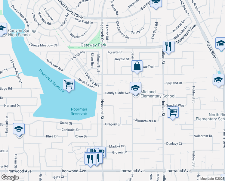 map of restaurants, bars, coffee shops, grocery stores, and more near 24051 Sandy Glade Avenue in Moreno Valley