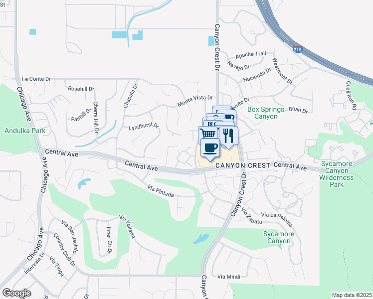 map of restaurants, bars, coffee shops, grocery stores, and more near 5202 Wainwright Court in Riverside
