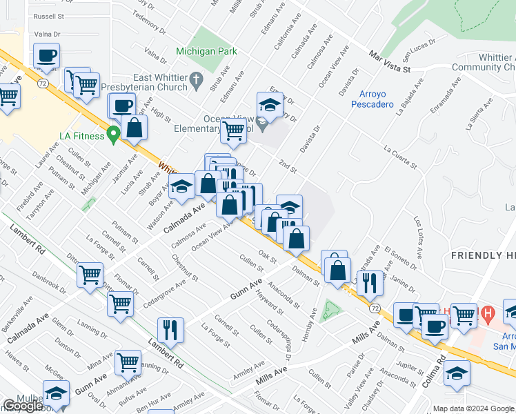 map of restaurants, bars, coffee shops, grocery stores, and more near 14329 Whittier Boulevard in Whittier