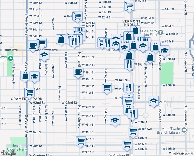map of restaurants, bars, coffee shops, grocery stores, and more near 1234 West 90th Street in Los Angeles