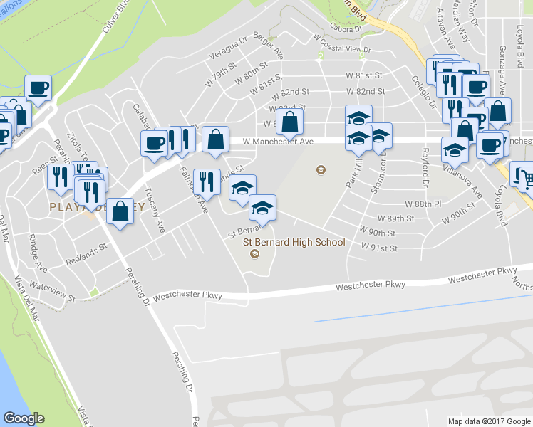 map of restaurants, bars, coffee shops, grocery stores, and more near 9100 Falmouth Avenue in Los Angeles