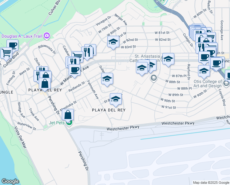 map of restaurants, bars, coffee shops, grocery stores, and more near 9100 Falmouth Avenue in Los Angeles