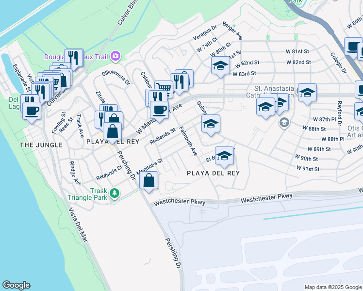 map of restaurants, bars, coffee shops, grocery stores, and more near 8150 Manitoba Street in Los Angeles