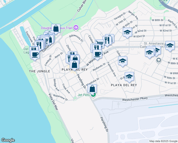 map of restaurants, bars, coffee shops, grocery stores, and more near 8717 Delgany Avenue in Los Angeles