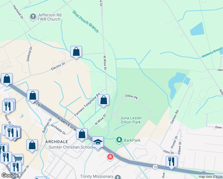 map of restaurants, bars, coffee shops, grocery stores, and more near 620 North Wise Drive in Sumter