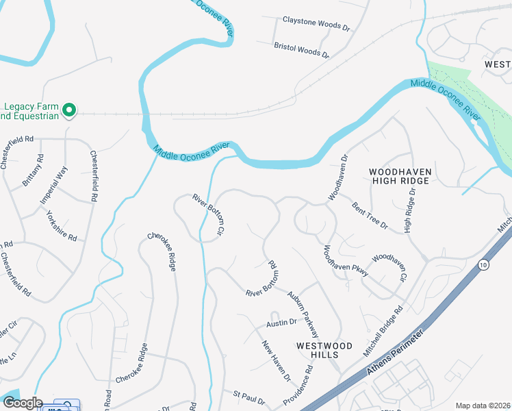 map of restaurants, bars, coffee shops, grocery stores, and more near 180 River Bottom Place in Athens