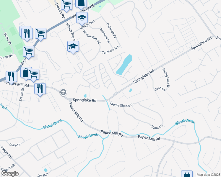 map of restaurants, bars, coffee shops, grocery stores, and more near 321 Springbottom Drive Southeast in Lawrenceville