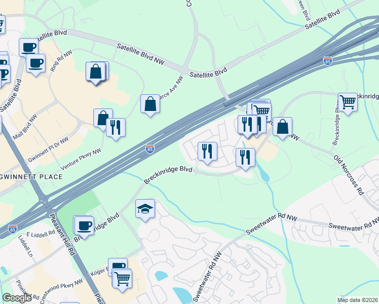 map of restaurants, bars, coffee shops, grocery stores, and more near 2091 Executive Drive North in Duluth