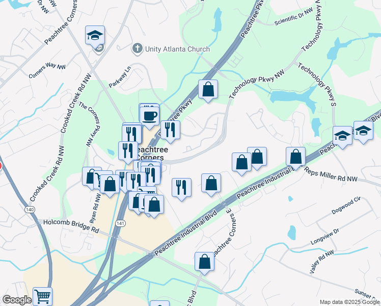 map of restaurants, bars, coffee shops, grocery stores, and more near 5930 Norfolk Chase Road in Norcross