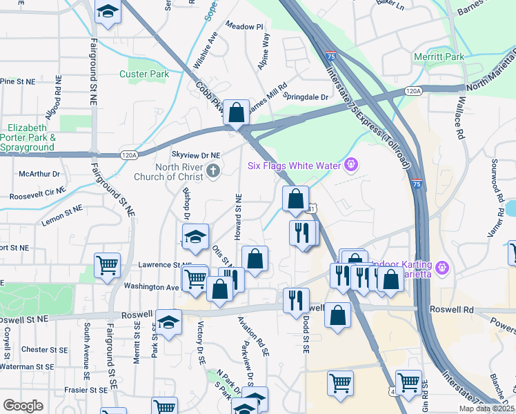 map of restaurants, bars, coffee shops, grocery stores, and more near 876 Richard Street in Marietta