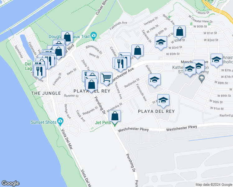 map of restaurants, bars, coffee shops, grocery stores, and more near 8200 Redlands Street in Los Angeles