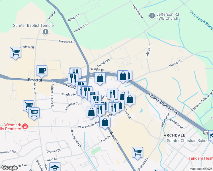 map of restaurants, bars, coffee shops, grocery stores, and more near 1150 South Pike West in Sumter