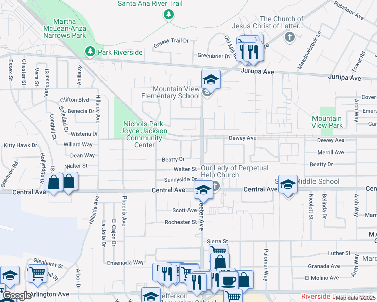 map of restaurants, bars, coffee shops, grocery stores, and more near 6447 Juanro Way in Riverside