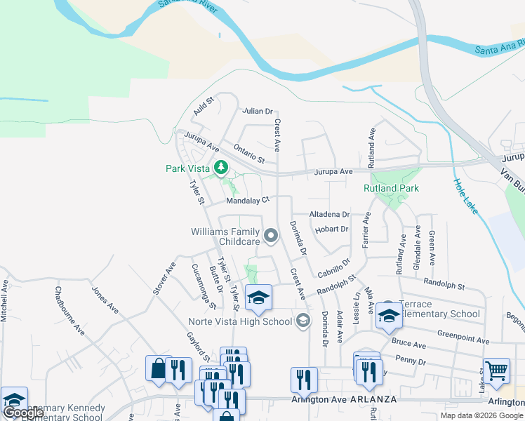 map of restaurants, bars, coffee shops, grocery stores, and more near 10105 Tanforan Drive in Riverside