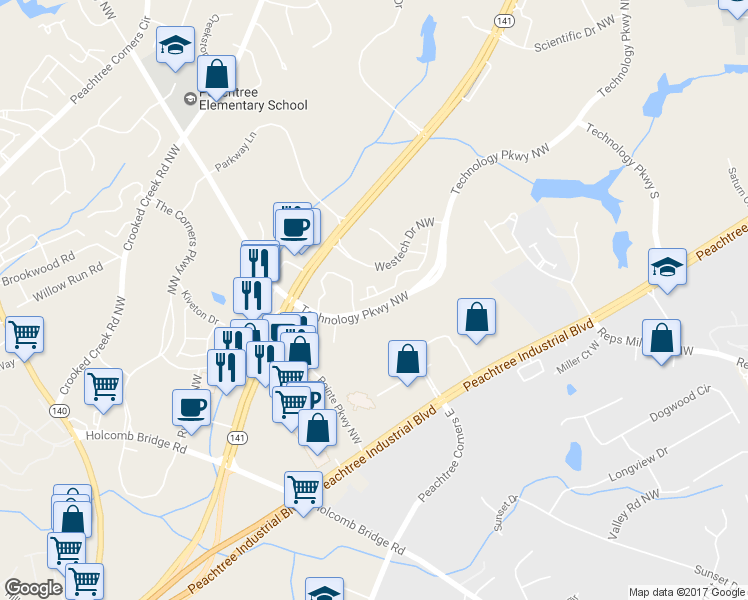 map of restaurants, bars, coffee shops, grocery stores, and more near 5930 Norfolk Chase Road in Norcross