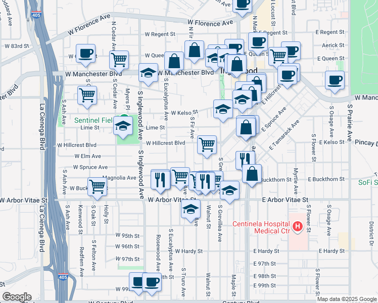 map of restaurants, bars, coffee shops, grocery stores, and more near 612 South Fir Avenue in Inglewood