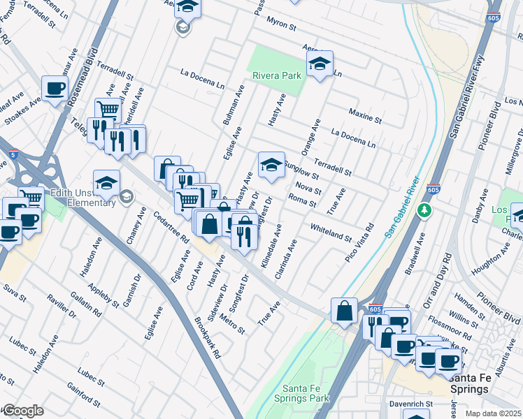 map of restaurants, bars, coffee shops, grocery stores, and more near 8625 Songfest Drive in Pico Rivera