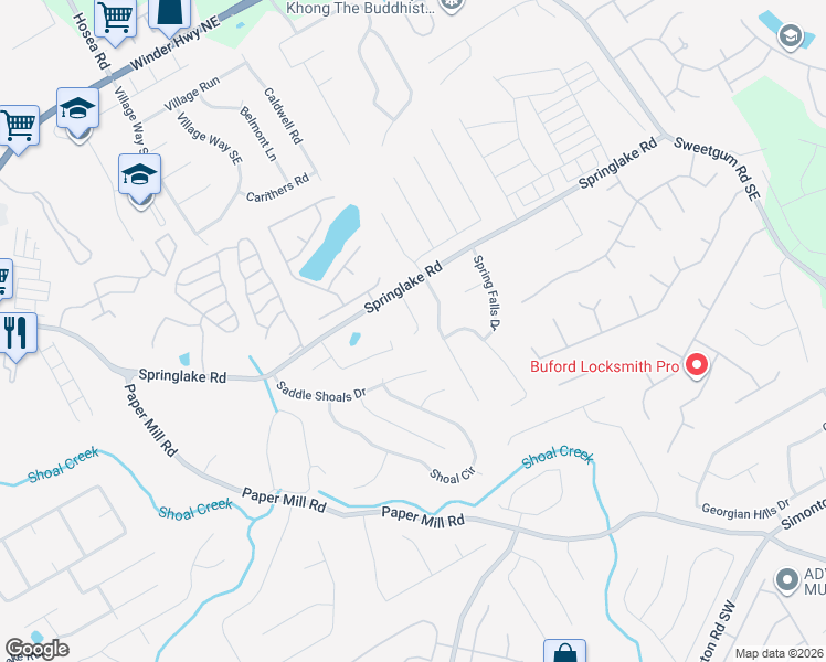 map of restaurants, bars, coffee shops, grocery stores, and more near 528 Springlake Road in Lawrenceville