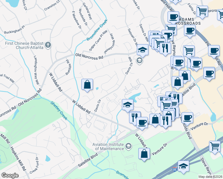 map of restaurants, bars, coffee shops, grocery stores, and more near 3307 Club Place in Duluth