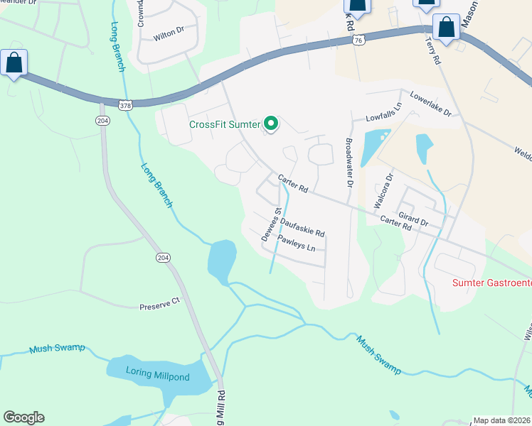 map of restaurants, bars, coffee shops, grocery stores, and more near 3225 Debidue Lane in Sumter