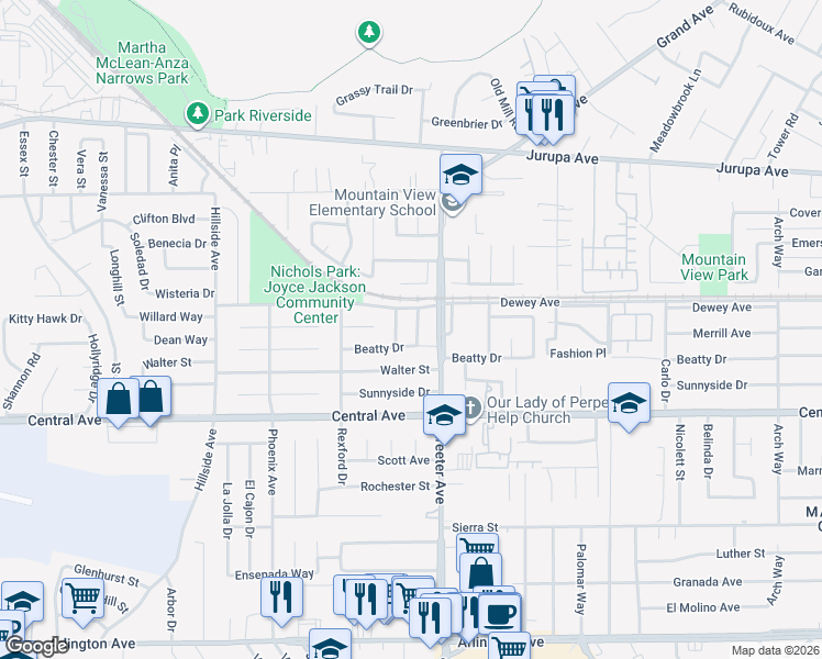 map of restaurants, bars, coffee shops, grocery stores, and more near 6447 Juanro Way in Riverside