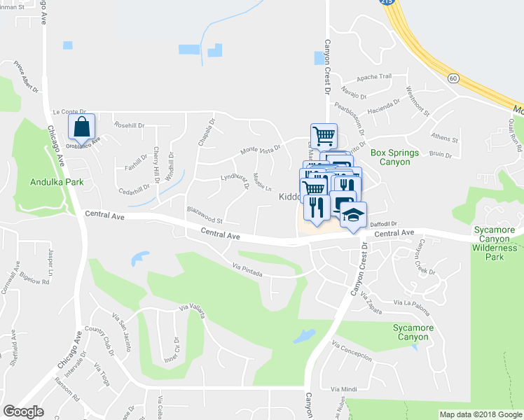 map of restaurants, bars, coffee shops, grocery stores, and more near 5242 Wainwright Court in Riverside