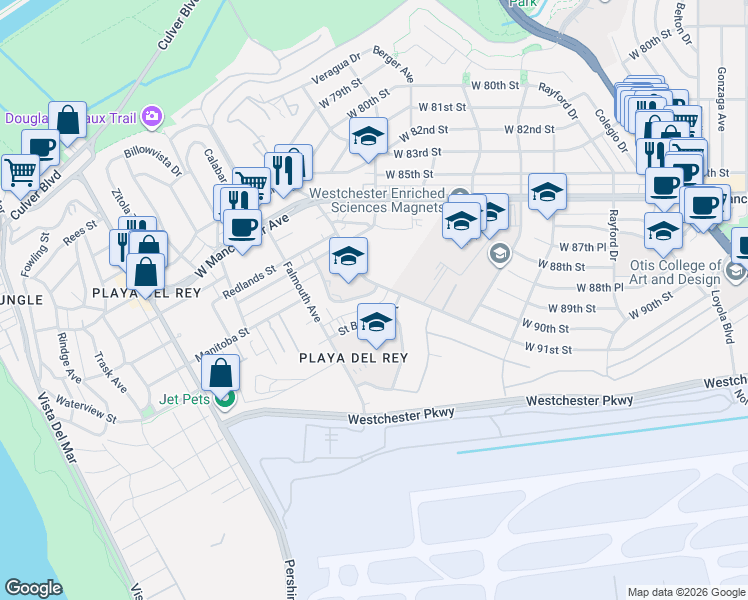 map of restaurants, bars, coffee shops, grocery stores, and more near 9100 Falmouth Avenue in Los Angeles
