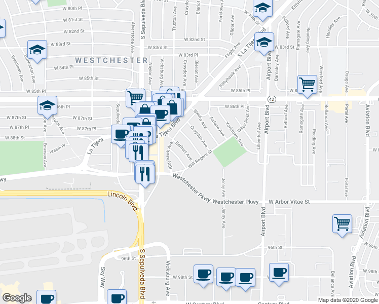 map of restaurants, bars, coffee shops, grocery stores, and more near 8906 Earhart Avenue in Los Angeles