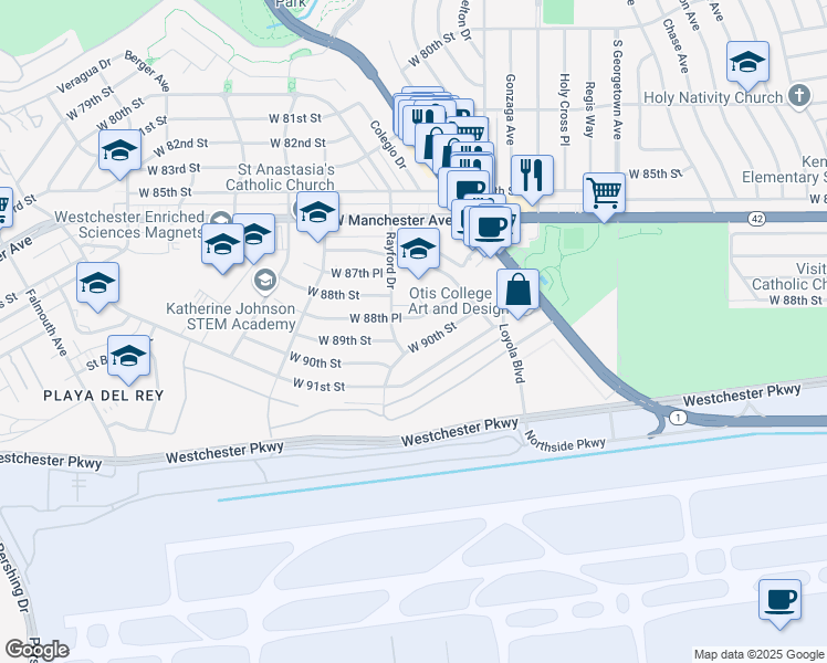 map of restaurants, bars, coffee shops, grocery stores, and more near 7264 West 88th Place in Los Angeles