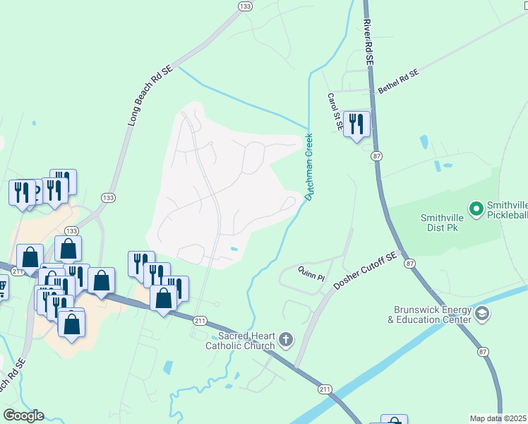 map of restaurants, bars, coffee shops, grocery stores, and more near 5226 Shipmast Way in Southport
