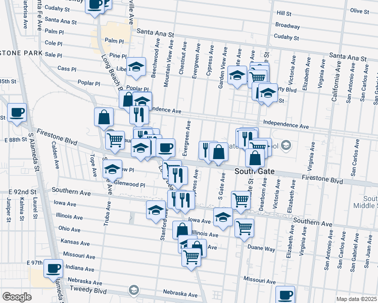 map of restaurants, bars, coffee shops, grocery stores, and more near 8680 Evergreen Avenue in South Gate