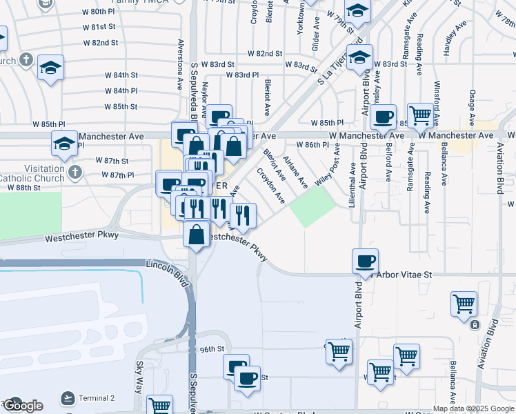 map of restaurants, bars, coffee shops, grocery stores, and more near 8906 Earhart Avenue in Los Angeles